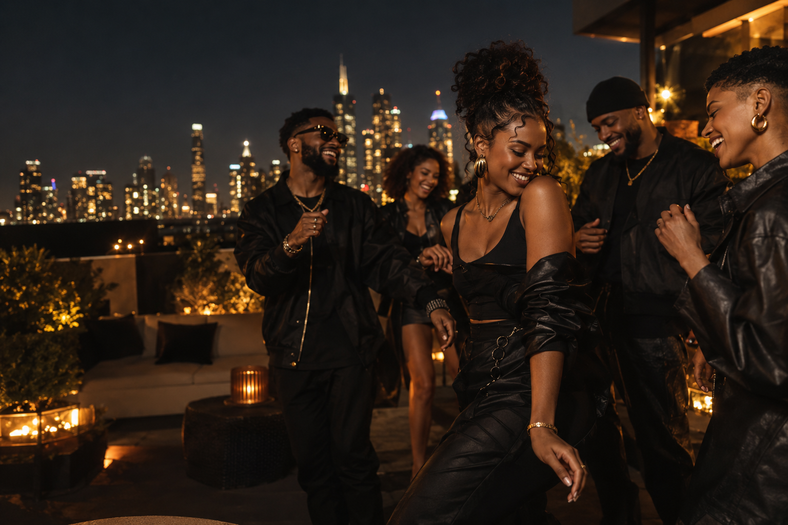 Stylish adult friends laughing and dancing at a warmly lit rooftop gathering