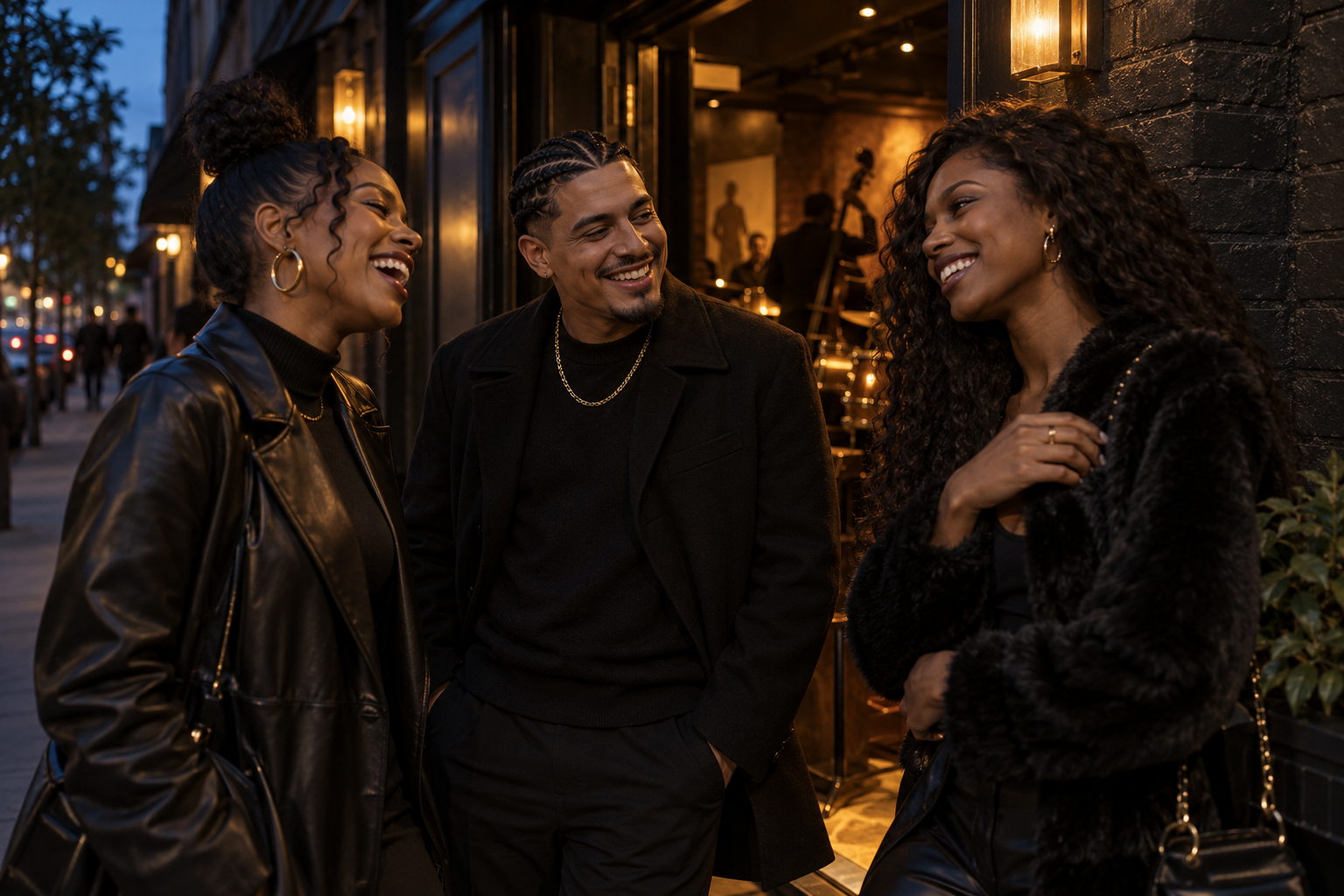 Adult friends sharing a laugh outside a city music venue